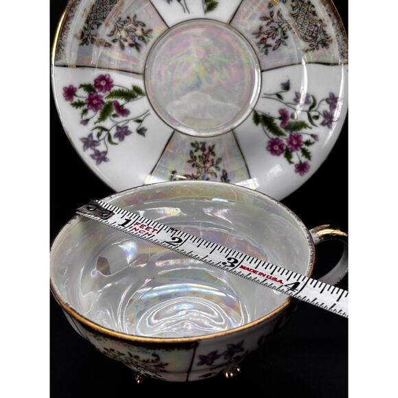 Vtg 3 Footed Teacup Saucer Pearlescent Irridescent Luster ware Floral Gold Trim - Picture 8 of 15